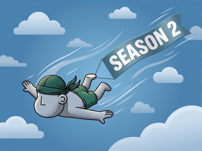 A cartoon illustration of a man with a green headband flying through a cloudy blue sky, holding a banner that reads 'SEASON 2'.