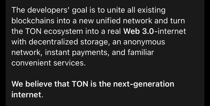 The image features a black background with white text that reads, "The developers' goal is to unite all existing blockschains into a new unified network and turn the TON ecosystem into a real Web 3.0 internet." The image also includes an image of a computer screen displaying the text "We believe that TON is the next-generation Internet."