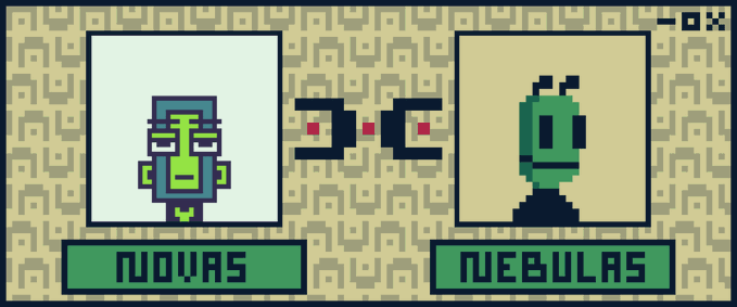A retro video game-style screen displaying pixel art portraits of an Aztec-like figure labeled 'NOVAS' and an alien-like figure labeled 'NEBULAS' with a score of '3-3'.
