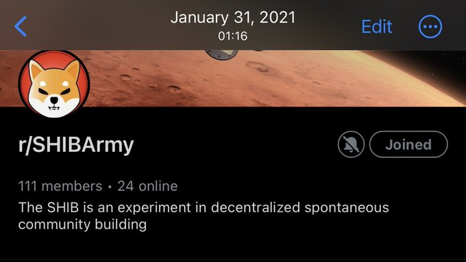 A screenshot of a Reddit community page titled 'r/SHIBArmy' dated January 31, 2021, showing 111 members and the description 'The SHIB is an experiment in decentralized spontaneous community building' against a Martian background.