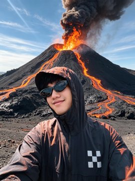 A person in sunglasses and a dark hooded jacket poses for a selfie in front of an erupting volcano spewing lava and ash. The jacket features a small white "OKX" logo, matching the post's mention of OKX merch and a sun-protective jacket worn while visiting a volcano in Ulanqab.