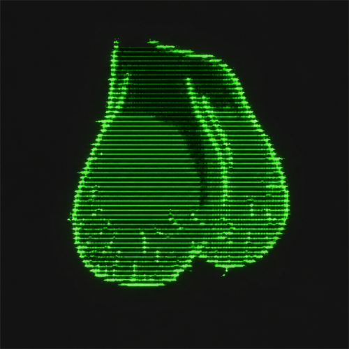 A digital art image of glowing green pixelated boxing shorts on a black background.