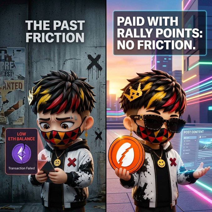 The image shows two cartoon boys with different outfits holding coins or tokens. One boy has a mask on his face while the other does not. The text above them reads "THE PAST FRICTION" and "Paid with Rally Points: NO FRICTION". Below, there is a post that says "I used to check my ETH wallet balance almost every time before posting on @RallyOnChain".
