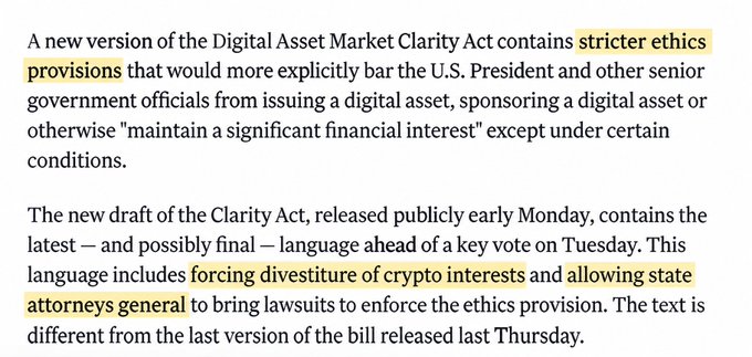 A text excerpt about a new version of the Digital Asset Market Clarity Act containing stricter ethics provisions, with highlighted text reading 'stricter ethics provisions', 'forcing divestiture of crypto interests', and 'allowing state attorneys general'.
