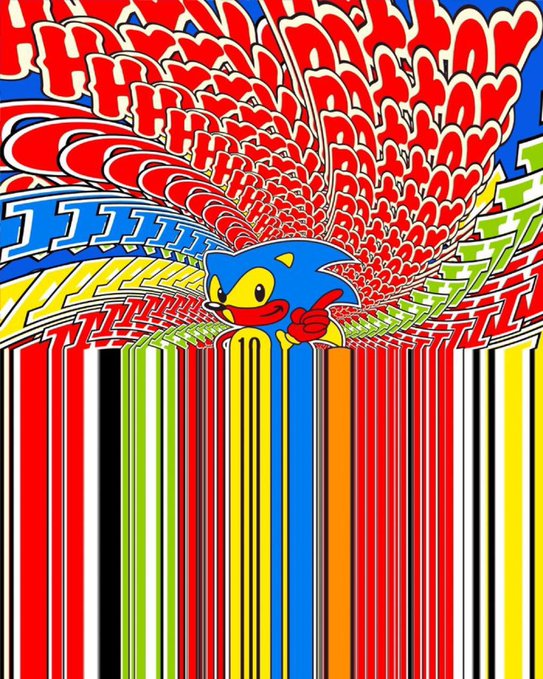 A colorful Sonic the Hedgehog cartoon image with the character peeking over a vibrant barcode, visually echoing the post's message "SPROTOS IN CONTROL" by featuring the iconic mascot surrounded by bold, commanding graphics.