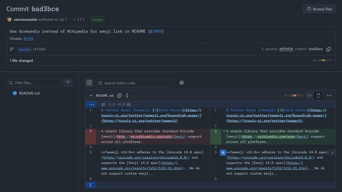 A GitHub commit page showing a change in README.md replacing a Twitter Emoji link with a Grokopedia link.