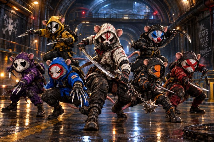 A group of menacing anthropomorphic rats dressed as warriors with painted faces, wielding blades and spiked weapons in a gritty urban tunnel.