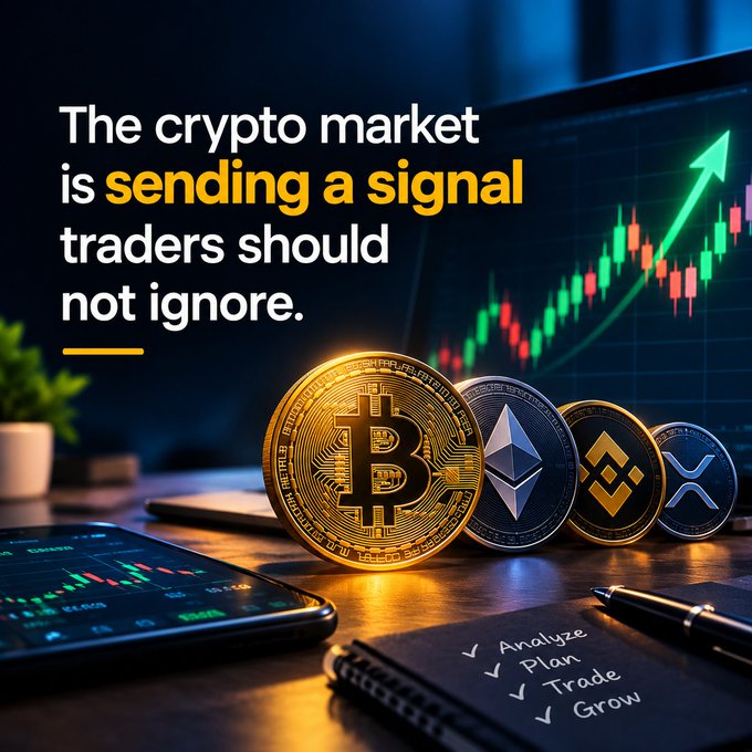A crypto trading graphic displays physical Bitcoin, Ethereum, BNB, and XRP coins on a desk with charts behind, reading 'The crypto market is sending a signal traders should not ignore.'