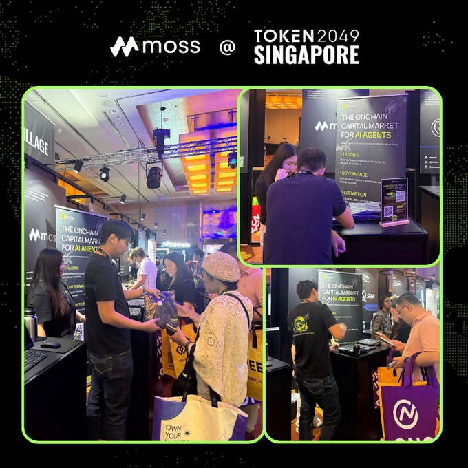 Collage of photos from Moss at TOKEN2049 SINGAPORE, showing the booth with banners for 'THE ONCHAIN CAPITAL MARKET FOR AI AGENTS.'