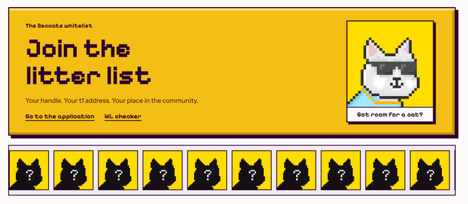 Pixel-art styled graphic reading 'Join the litter list' with text 'The Sacoots whitelist' and 'Got room for a cat?' featuring a white cat in sunglasses, along with a row of black cat silhouettes with question marks.
