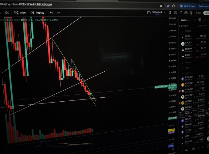 A TradingView candlestick chart of BASECATUSDT perpetual futures showing a downward trend with trendlines drawn, currently displaying +3.24% at 0.0036 with various symbols listed in the watchlist.