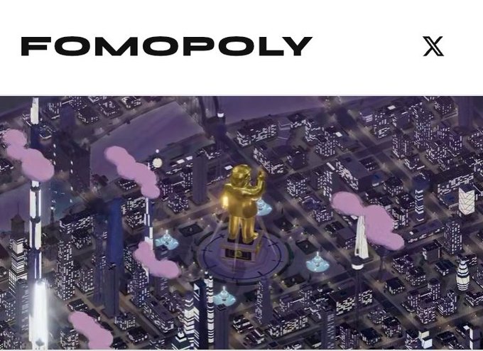 A graphic labeled “FOMOPOLY” and “X” shows a futuristic cityscape with a gold statue at the center and pink cloud-like shapes.