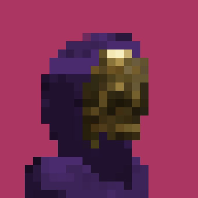 A low-resolution, pixelated image shows a profile silhouette in dark purple and brown against a solid magenta background.