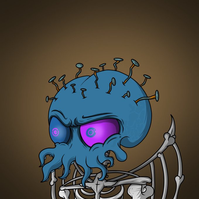 A digital illustration of a blue octopus creature with a large head covered in mushroom-like growths, featuring glowing purple and blue eyes, set against a dark brown background.