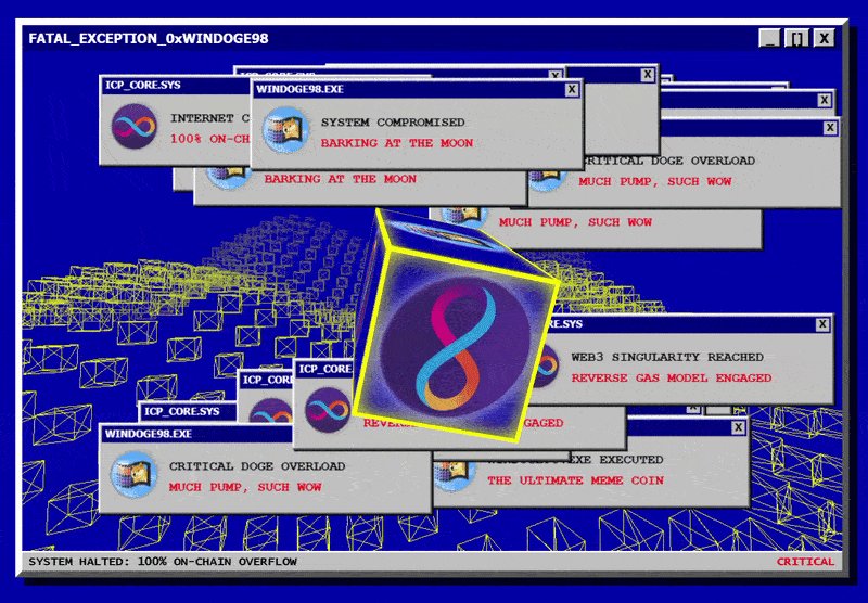 The image shows a computer screen with a blue background, displaying a screenshot of an old Windows 98 error message window. The error message contains various lines of text that describe different issues or problems related to the computer system. In the bottom right corner of the image, there is a caption that reads "In crypto, one good meme play can change your life forever. app.icpswap.com/swap?input=ryj @windoge_98 on $ICP". This caption suggests that the error message might be related to a specific issue with the Windows 98 operating system or a particular application.
