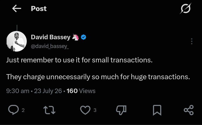 The image shows a tweet from David Bassey (@david_bassey_) posted at 9:30 am on 23 July 26 with 160 views, advising: "Just remember to use it for small transactions. They charge unnecessarily so much for huge transactions." The reply confirms the original poster's suspicion, validating the claim that @MySpenda imposes higher fees on large transactions.