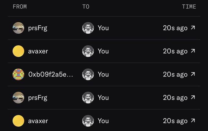 A transaction history list showing incoming transfers from users 'prsFrg', 'avaxer', and '0xb09f2a5e...' sent to 'You', all marked as occurring 20s ago.