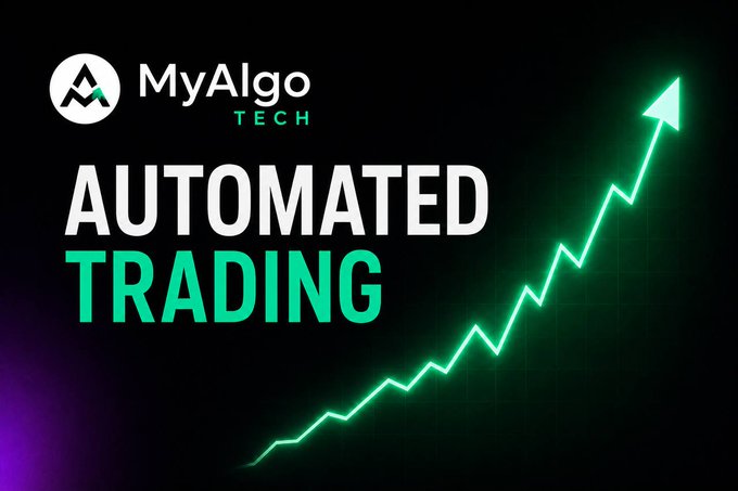 A promotional graphic for 'MyAlgo TECH' advertising 'AUTOMATED TRADING' in large white and teal text, featuring an upward-trending green stock chart with an arrow on a dark background.