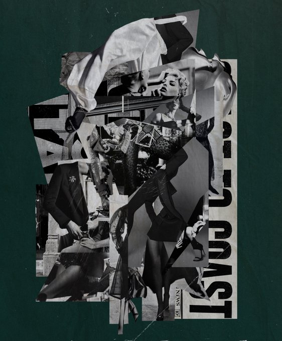 A black-and-white collage featuring fragmented vintage photographs—including a blonde woman, suited figures, and silhouettes—is layered against a deep green background, with bold vertical "AUGUST" text partially obscured on the right side, matching the title of the artwork "Pinned Desire."