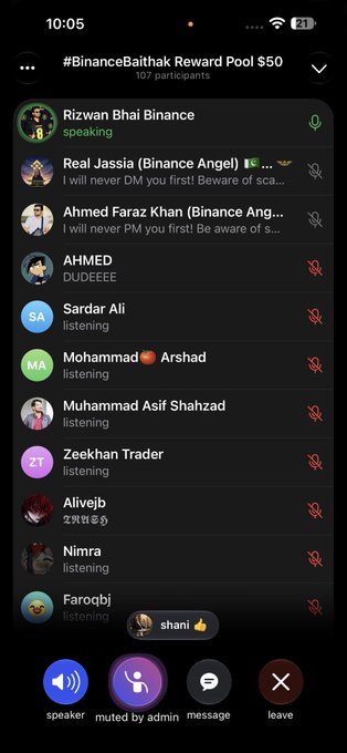 A screenshot of a Binance live audio chat titled '#BinanceBaithak Reward Pool $50' showing 107 participants, with user 'Rizwan Bhai Binance' currently speaking.
