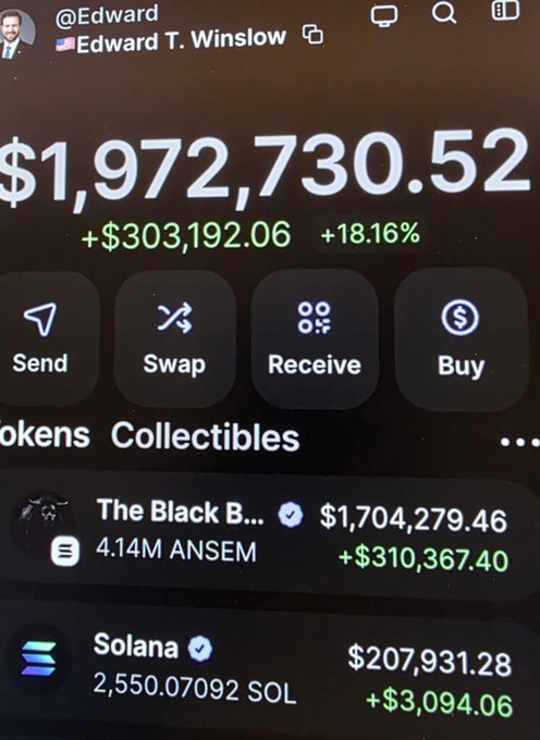 A crypto wallet screenshot for "Edward T. Winslow" (@Edward) showing a portfolio value of $1,972,730.52 (+$303,192.06, +18.16%), with holdings in "The Black B..." token ($1,704,279.46, 4.14M ANSEM) and Solana ($207,931.28, 2,550.07 SOL). The image appears to showcase significant Solana holdings to promote the post's giveaway offer for dropping SOL addresses.