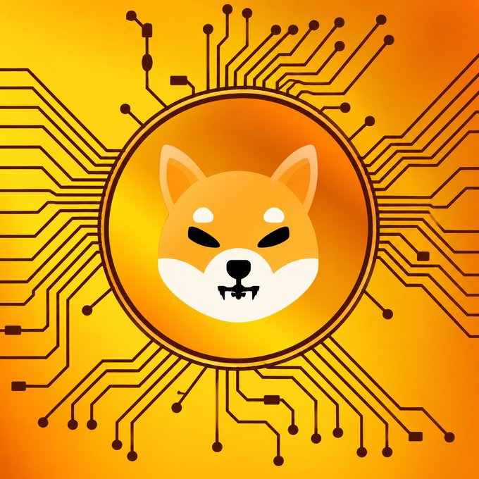 A digital illustration featuring a Shiba Inu dog's face inside a circular emblem with circuit board patterns radiating outward on an orange background.