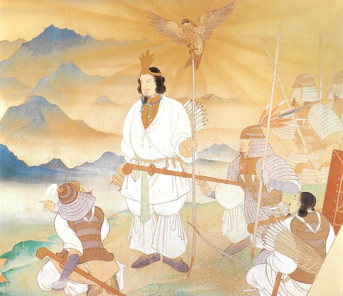 A traditional painting depicting Emperor Jimmu of Japan in white ceremonial robes holding a bow, accompanied by armored warriors and a golden hawk against a mountainous landscape.