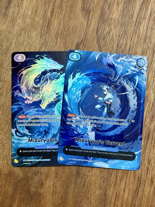 Two trading cards from the Riftwalker TCG titled 'Mizuryuu's Torrent' with a cost of 4, featuring blue dragon artwork and a moe ability to put up to 2 entities with combined cost 6 or less on the bottom of the owner's deck.