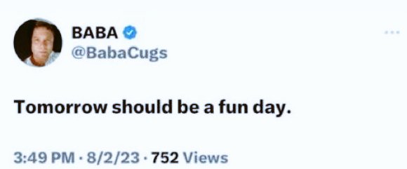 The image shows a tweet from BABA (@BabaCugs) posted on 8/2/23 at 3:49 PM, stating "Tomorrow should be a fun day," which appears to be a teaser related to the upcoming #XRP event referenced in the accompanying post.