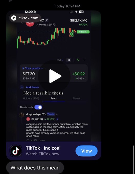 A TikTok screenshot from tiktok.com shows a video about AMC stock with a thesis titled 'Not a terrible thesis' and a comment from 'dragoneslayer67x' about AMC being a more superior ticker than cinema, with a caption asking 'What does this mean'.