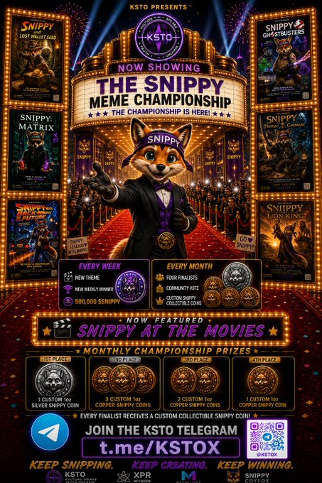 A promotional poster for 'The Snippy Memecoin Championship' featuring a Shiba Inu mascot in a tuxedo, advertising movie-themed contests, weekly/monthly rewards, custom coins, and a Telegram link at t.me/KSTOX.