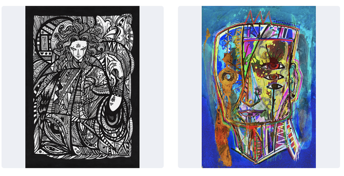 The image features two distinct artworks displayed side by side against a white background. The first artwork is a black and white illustration of a woman with her hair styled in an updo, while the second artwork is a colorful painting depicting a face. Both pieces are located on the left side of the image, showcasing their unique styles and artistic expressions.