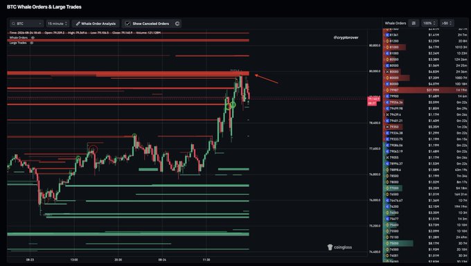 The image shows a BTC (Bitcoin) whale orders chart on CoinGlass displaying a massive red sell wall clustered around the $80,000-$80,275 price level with large orders totaling billions, visibly halting Bitcoin's upward price movement. An arrow points directly to this dense concentration of sell orders, illustrating how the heavy resistance at $80K—likely from a large whale—blocked further price advancement as described in the accompanying post.