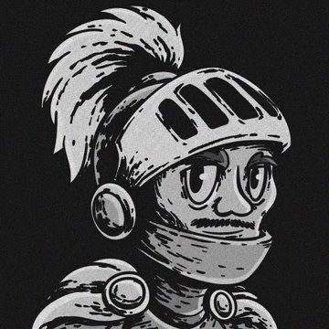 A black and white illustration depicts a character wearing a knight's helmet with a feather plume and a mustache.