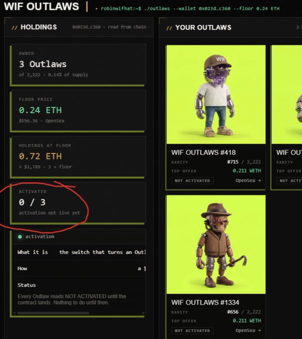 The image shows a dashboard for "WIF OUTLAWS" displaying a wallet holdings page for address 0x023d...c360 with 3 owned Outlaws at a 0.24 ETH floor price, showing NFT cards for Outlaw #418 and #1334. A red circle highlights the "ACTIVATED 0/3" status indicating "activation not live yet," which directly relates to the post's excitement about the upcoming activation feature.