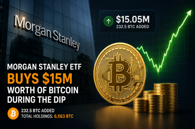 A promotional-style graphic features the Morgan Stanley logo on a building facade alongside a gold Bitcoin emblem, stacks of coins, and a green upward-trending chart. Bold text announces "Morgan Stanley ETF BUYS $15M WORTH OF BITCOIN DURING THE DIP," with details noting 232.5 BTC added and total holdings of 6,563 BTC—visually reinforcing the post's message about institutional accumulation during market weakness.