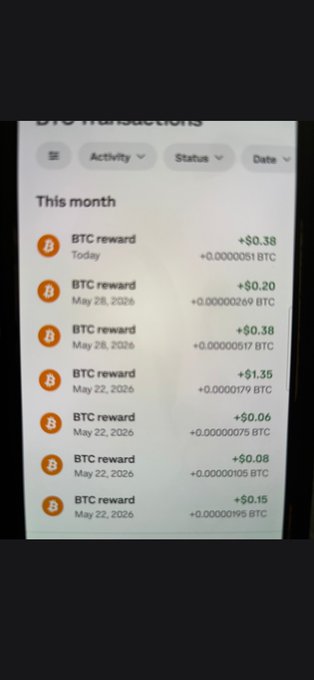 The image shows a cell phone screen displaying a list of transactions from Bitcoin exchanges. The user has received several transactions, including Btc reward points and Btc reward updates. The text in the image also mentions that there are new cards available for this exchange offering amazing rewards.