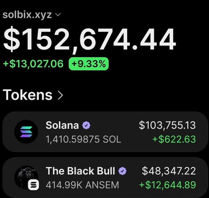 A crypto portfolio dashboard for solbix.xyz shows a total balance of $152,674.44, up $13,027.06 (+9.33%), with holdings in Solana (1,410.59875 SOL, valued at $103,755.13) and "The Black Bull" (414.99K ANSEM, valued at $48,347.22, up $12,644.89). The image supports the post's claim of significant profit on an ANSEM token investment, visually displaying the $48,500+ remaining position alongside the gains.