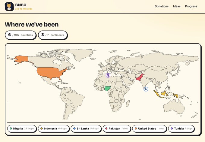 The image shows a world map on the BNBO ("Give To The Mool") website under the heading "Where we've been," highlighting 6 countries across 3 continents (Nigeria, Indonesia, Sri Lanka, Pakistan, United States, and Tunisia) where donations have been made, with Nigeria leading at 23 drops. The map's modest global footprint across just a handful of developing and developed nations visually reinforces the post's sentiment that BNBO is still in early stages of expansion despite its $400k valuation, suggesting significant untapped growth potential.