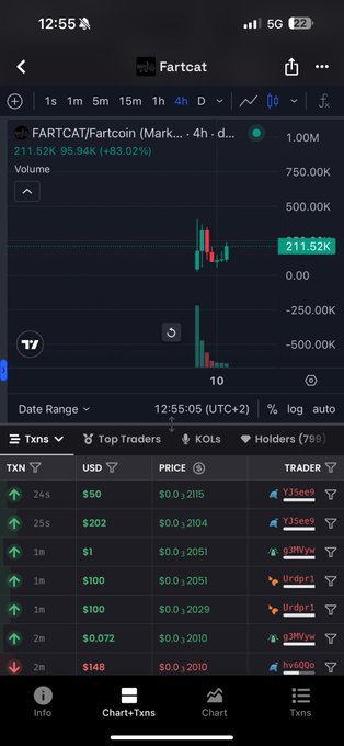 A mobile app screenshot showing a TradingView chart for the FARTCAT/Fartcoin (Mark...) token on the Solana network, displaying a 211.52K market cap with a +95.94% gain and a list of recent transactions below.
