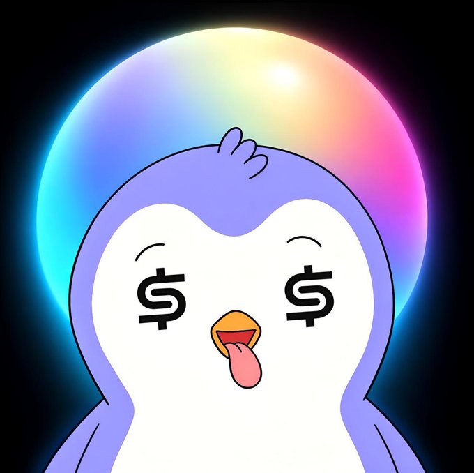 A cartoon illustration of a light purple penguin character with dollar signs as eyes and its tongue sticking out, set against a glowing iridescent bubble on a black background.