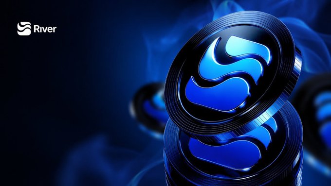 urn of blue coins with a black border and the word "RIVER" in white letters, surrounded by smoke against a dark blue background.