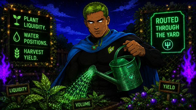 A superhero with green hair and glowing white eyes waters plants in a garden at night, using a watering can embossed with a "ψ" (psi) symbol. Surrounding him are signs reading "PLANT LIQUIDITY. WATER POSITIONS. HARVEST YIELD.," "ROUTED THROUGH THE YARD ψ," and smaller labels for "LIQUIDITY," "VOLUME," and "YIELD."

The image visually embodies the post's farming/yield metaphor, with the psi-branded watering can and "Routed Through the Yard" sign reinforcing the branding suggested by "Just another day in the TickerYard."