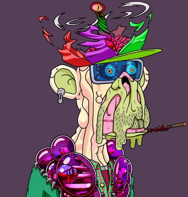 A surreal digital illustration depicts a grotesque, melted character wearing a colorful jester-like hat, VR headset, and an earring shaped like a melting character, with green drool dripping from its face.