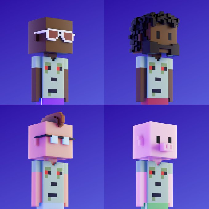 Four pixelated/blocky character variations against a blue background, each with different hairstyles and features but wearing similar shirts.
