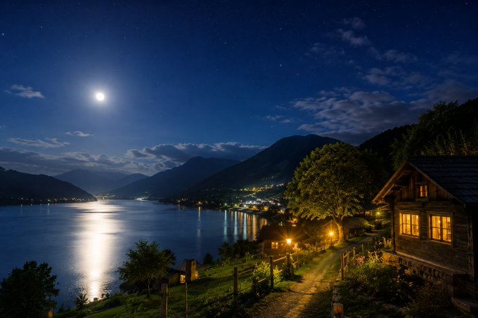 A serene moonlit lake reflects the night sky beside a warmly lit lakeside cottage, with distant village lights twinkling along the shore—perfectly capturing the quiet, reflective close of day. The peaceful scene mirrors the message of gratitude, reflection, and restful renewal for tomorrow.
