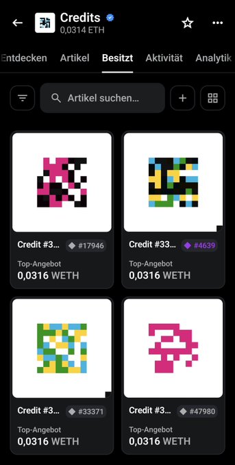 A mobile app interface displays the 'Credits' NFT collection, showing four pixelated art items with their credit numbers (#17946, #4639, #33371, #47980) and top bids in WETH.