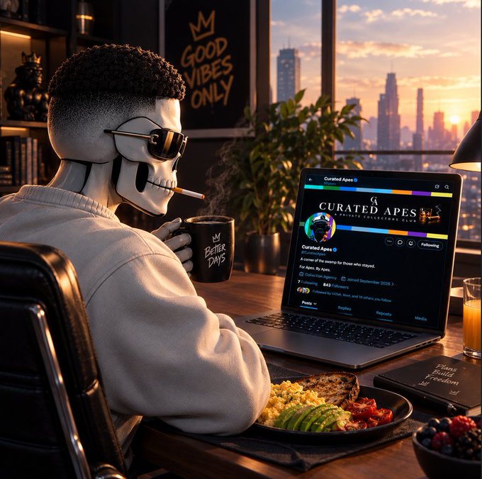 A 3D rendered character with a skull-like face and sunglasses, smoking and holding a 'Better Days' mug while looking at a laptop displaying a 'Curated Apes' page, with a meal and city view in the background.
