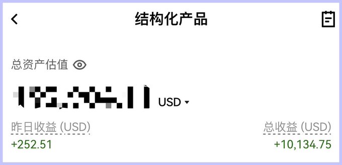 A Chinese financial app screenshot showing structured product holdings (结构化产品) with total assets partially blurred, a daily return of +252.51 USD, and a total return of +10,134.75 USD.