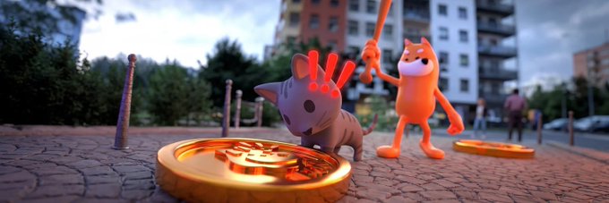 A 3D-rendered orange cat character swings a stick over a gray fish character standing next to a large gold coin, set in an urban plaza. The image playfully visualizes the post's message about $CONK, using the cat-and-fish coin scene as a meme to symbolize catching the token's momentum before the crowd catches on.